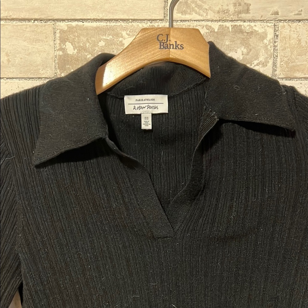 & Other Stories Black Ribbed V-Neck Polo Women's Top Lyocell Blend Size M